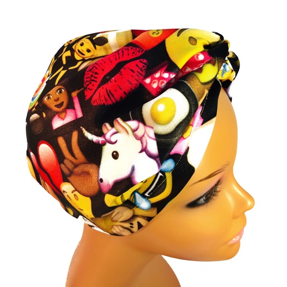 OKIYAH Accessories - Satin Lined Red Emoji Turban Hair Wrap - Bonnet